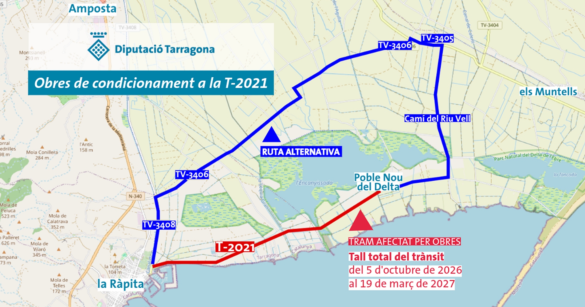 La carretera entre La R�pita i Poble Nou del Delta es talla totalment al tr�nsit fins al 19 de mar� de 2027